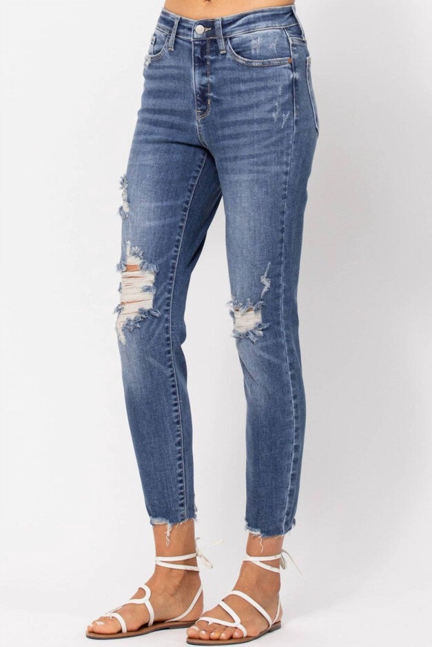 DESTROYED HIGH RISE RELAXED FIT JEAN IN MEDIUM WASH, Medium Wash / Medium Wash, alternate image number 1