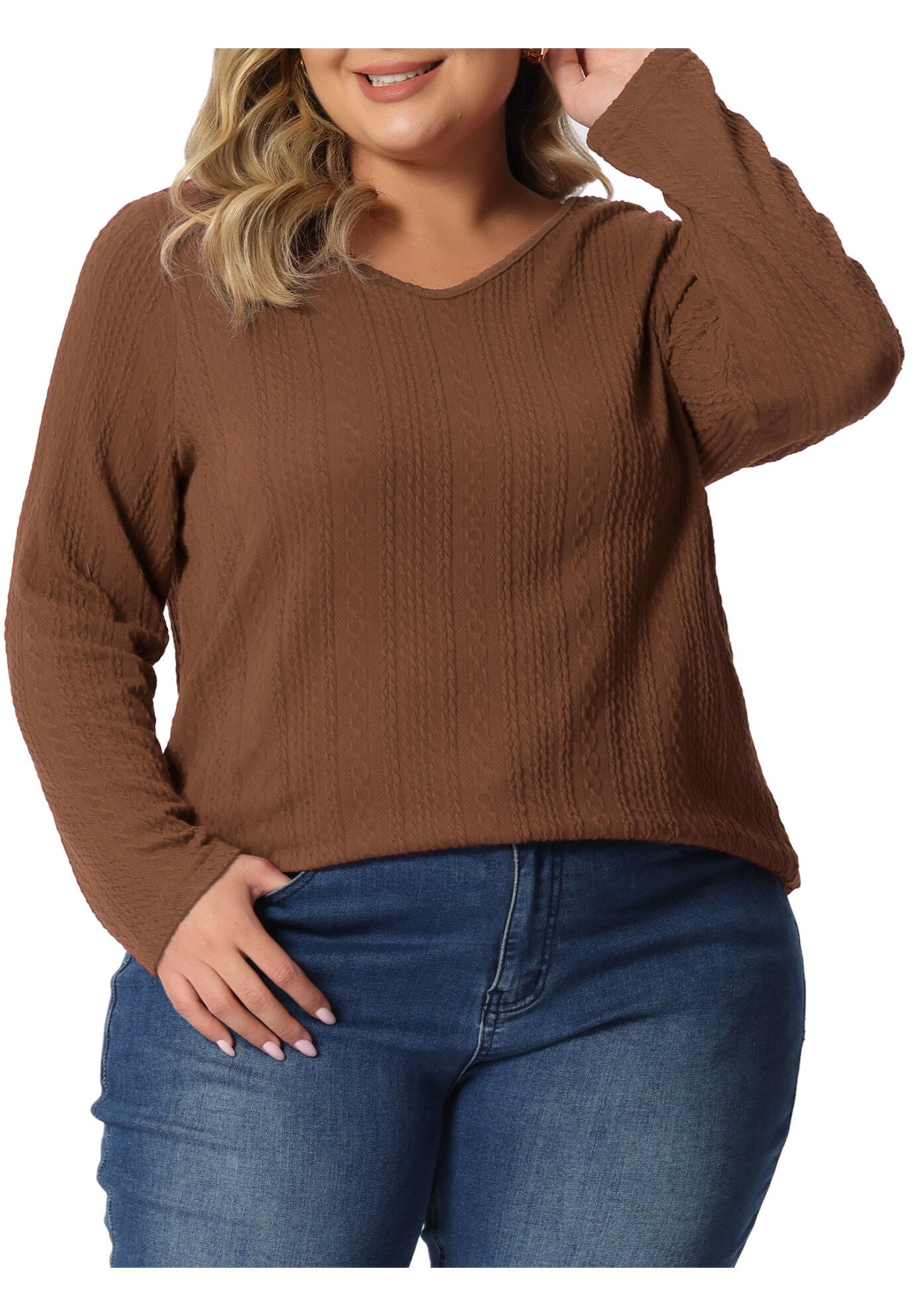 V Neck Long Sleeve Basic Knit Top Tee T-Shirt, Brown / Brown, alternate image number 1