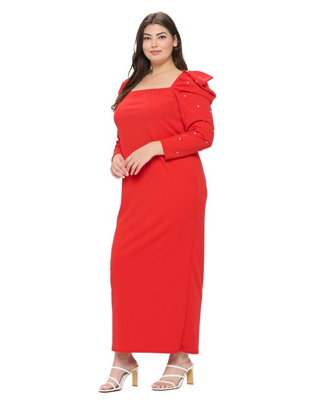 EVANGELINE RHINESTONE SLEEVE DRESS, Coral Red / Red, alternate image number null