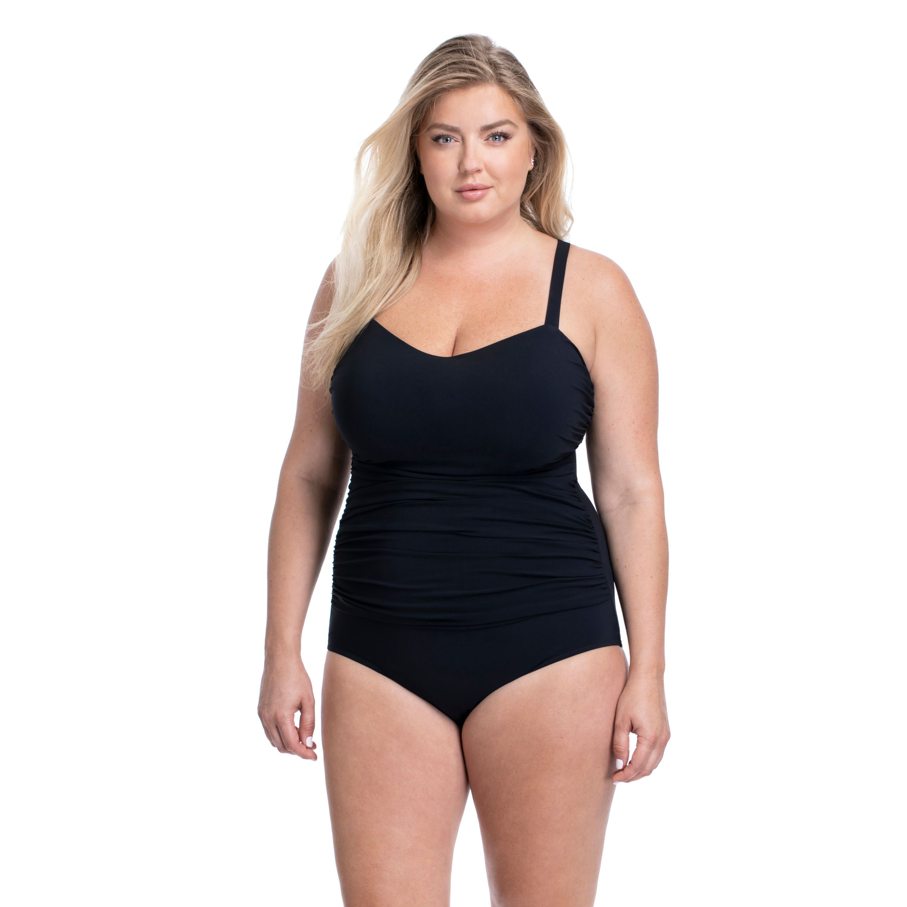 Tutti Frutti Plus Size Sweetheart Neck Shirred One Piece, Black / Black, hi-res image number 0