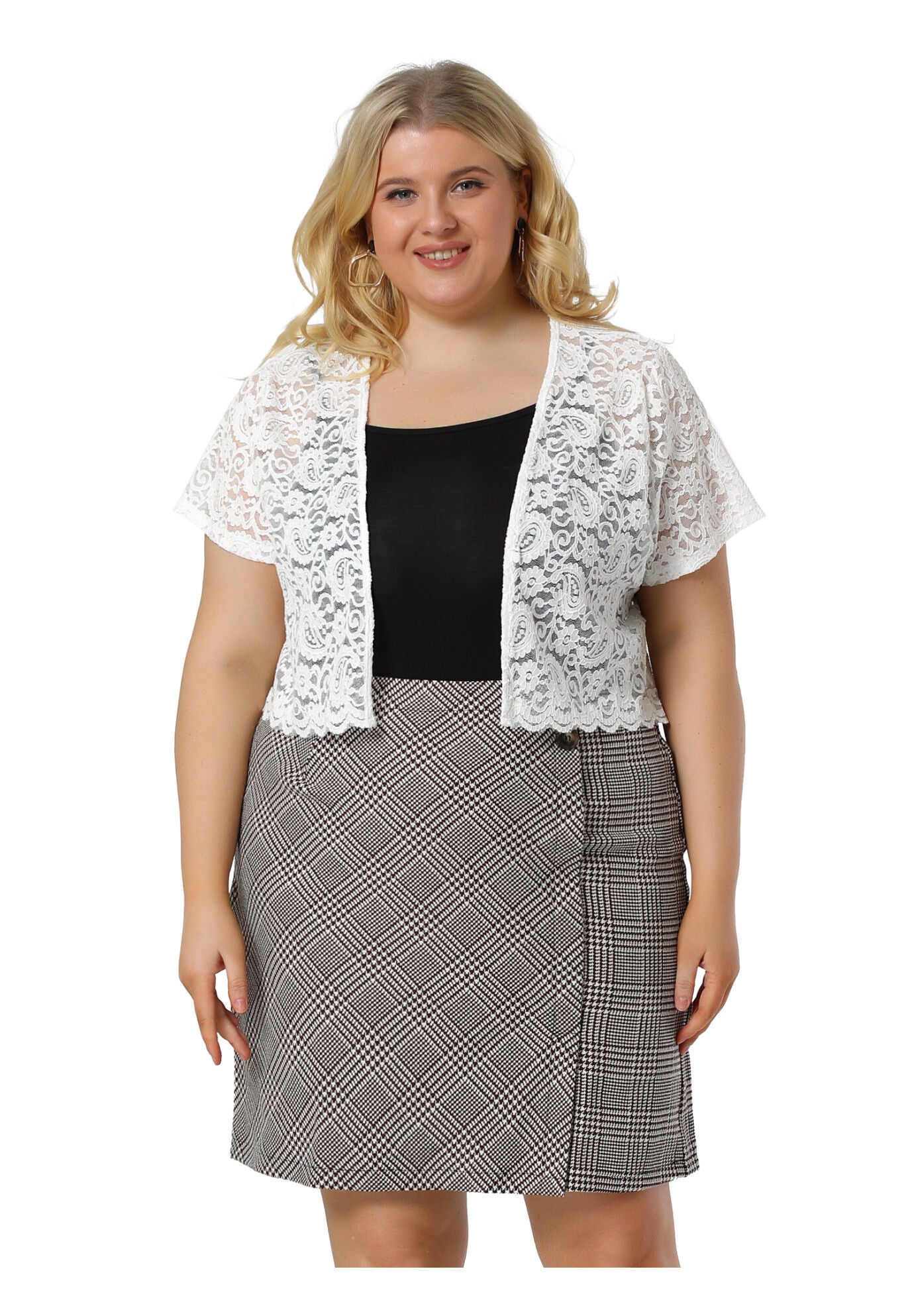 OPEN FRONT SHORT SLEEVE CROCHET LACE CROPPED BOLERO SHRUG CARDIGAN, White / White, hi-res image number 0