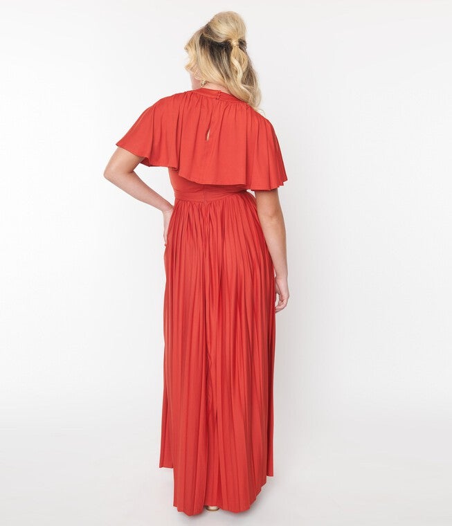 Smak Parlour Rust Red Pleated Cape Maxi Dress, Red / Red, alternate image number 1
