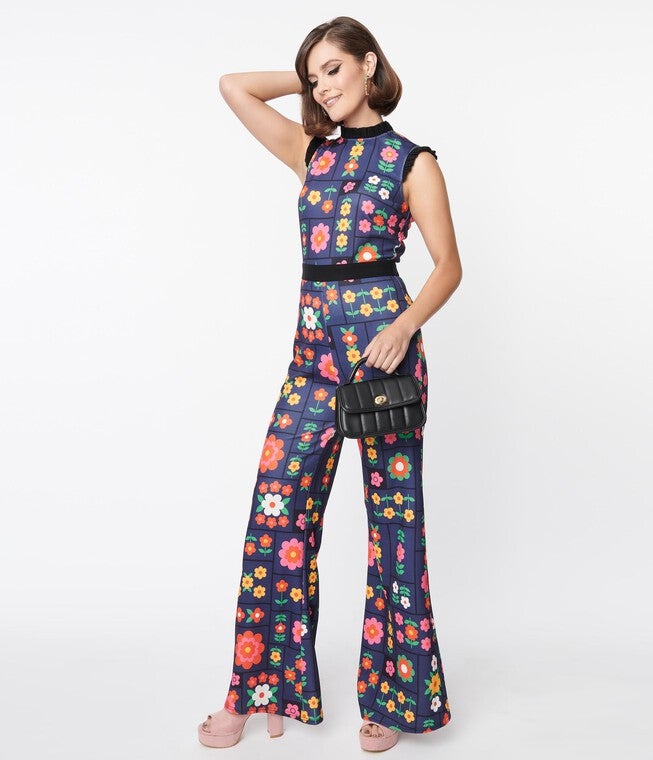 Smak Parlour Navy & Floral Wallpaper Back Bow Jumpsuit, Navy  Floral Wallpaper / Navy, alternate image number 2