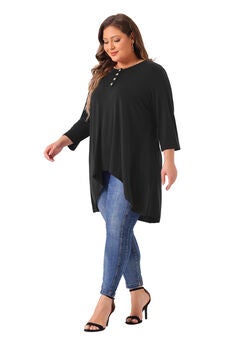 3/4 Sleeve Buttons Crew Neck High Low Loose Fit Tunic Top
