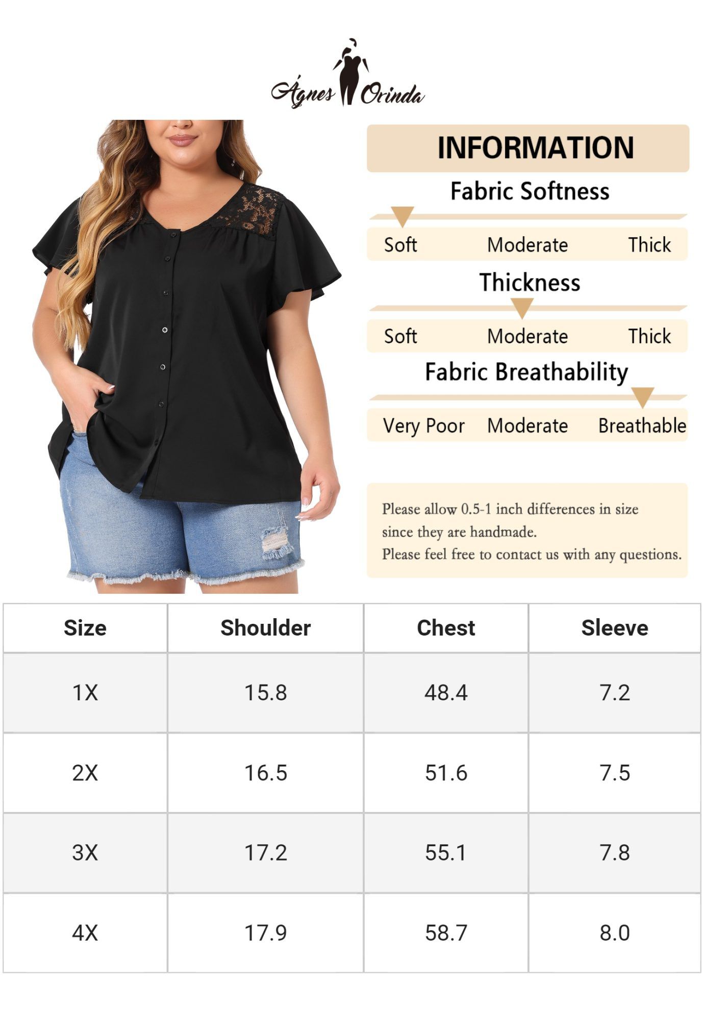 Chiffon Shirt Summer Lace V Neck Flare Sleeve Casual Work Top, Black / Black, alternate image number 4
