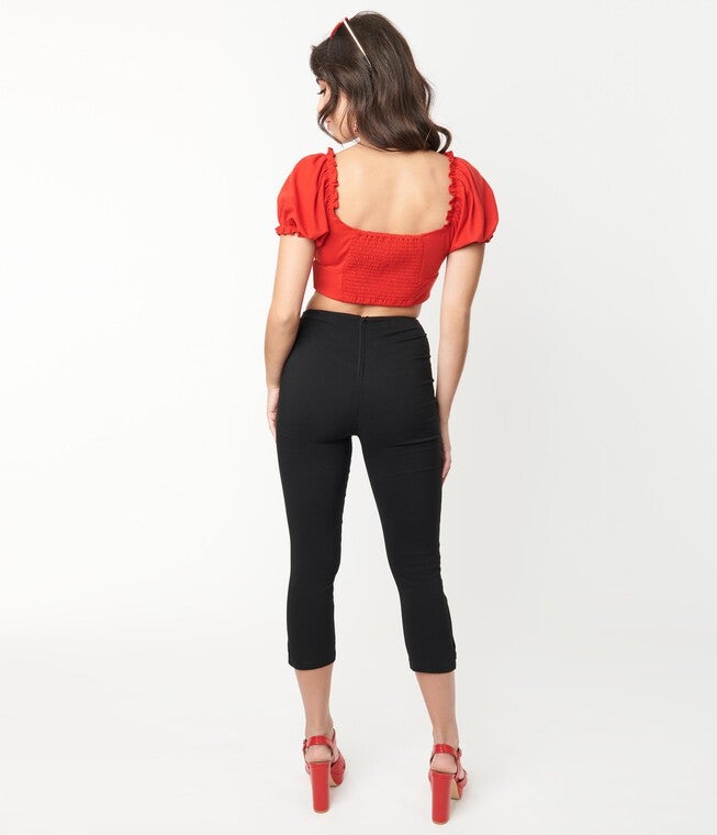 Unique Vintage 1950s Black High Waist Rachelle Capri Pants, Black / Black, alternate image number 3
