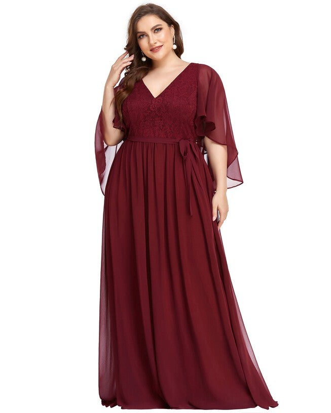 Deep V Neck Lace Bodice Long Flowy Evening Dress, Burgundy / Burgundy, alternate image number null