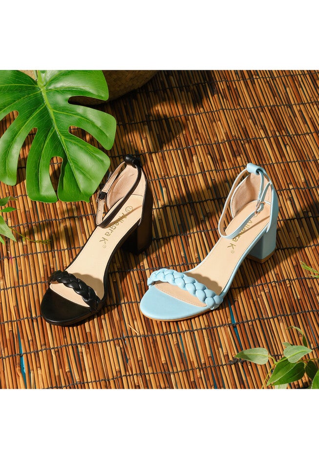 Chunky Heels Ankle Strap Braided Heel Sandals, Black / Black, alternate image number 1