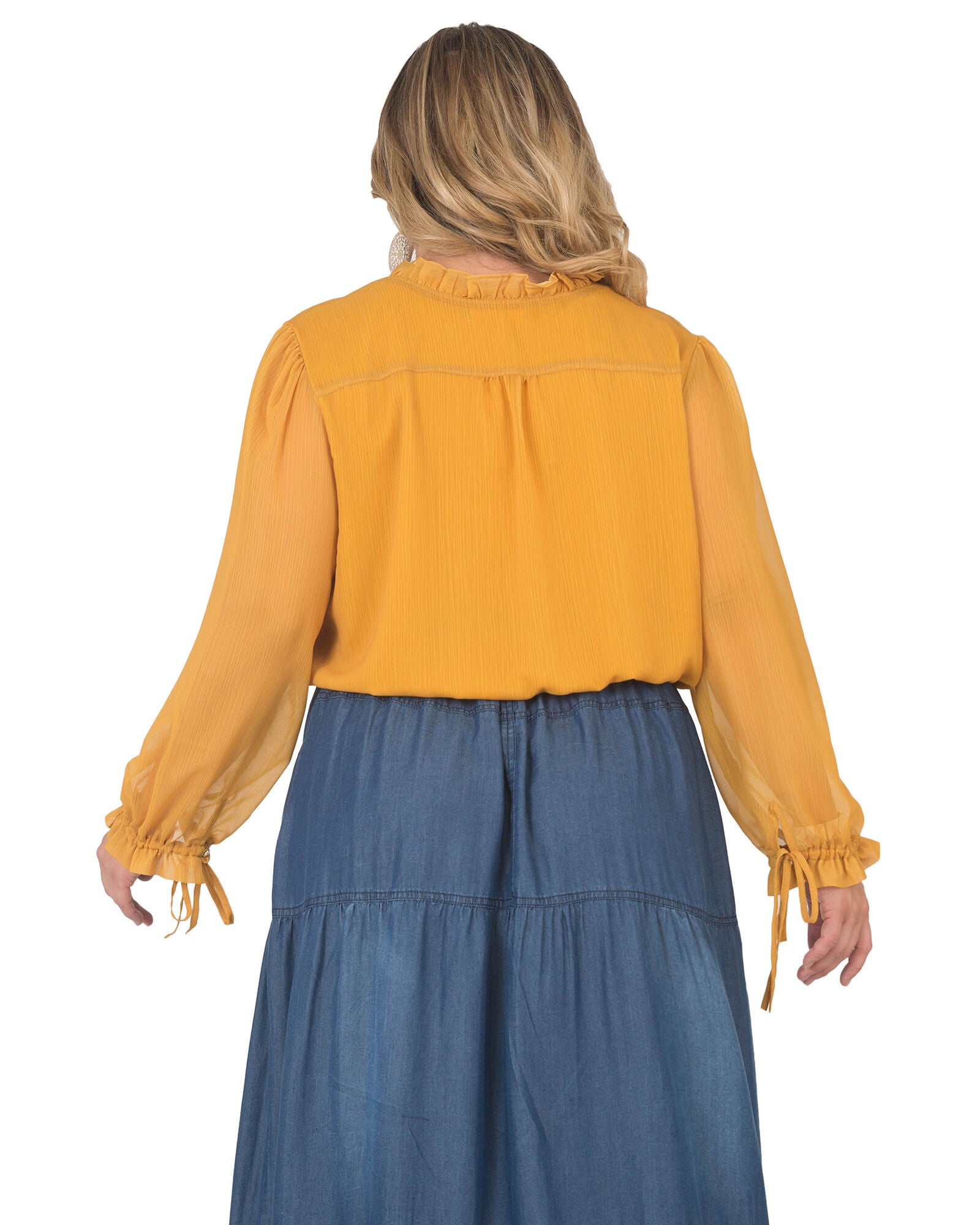 Plus Size Jessica Chiffon Tie-Neck Long Sleeve Prairie Top, Dark Ginger / Mustard, alternate image number 2