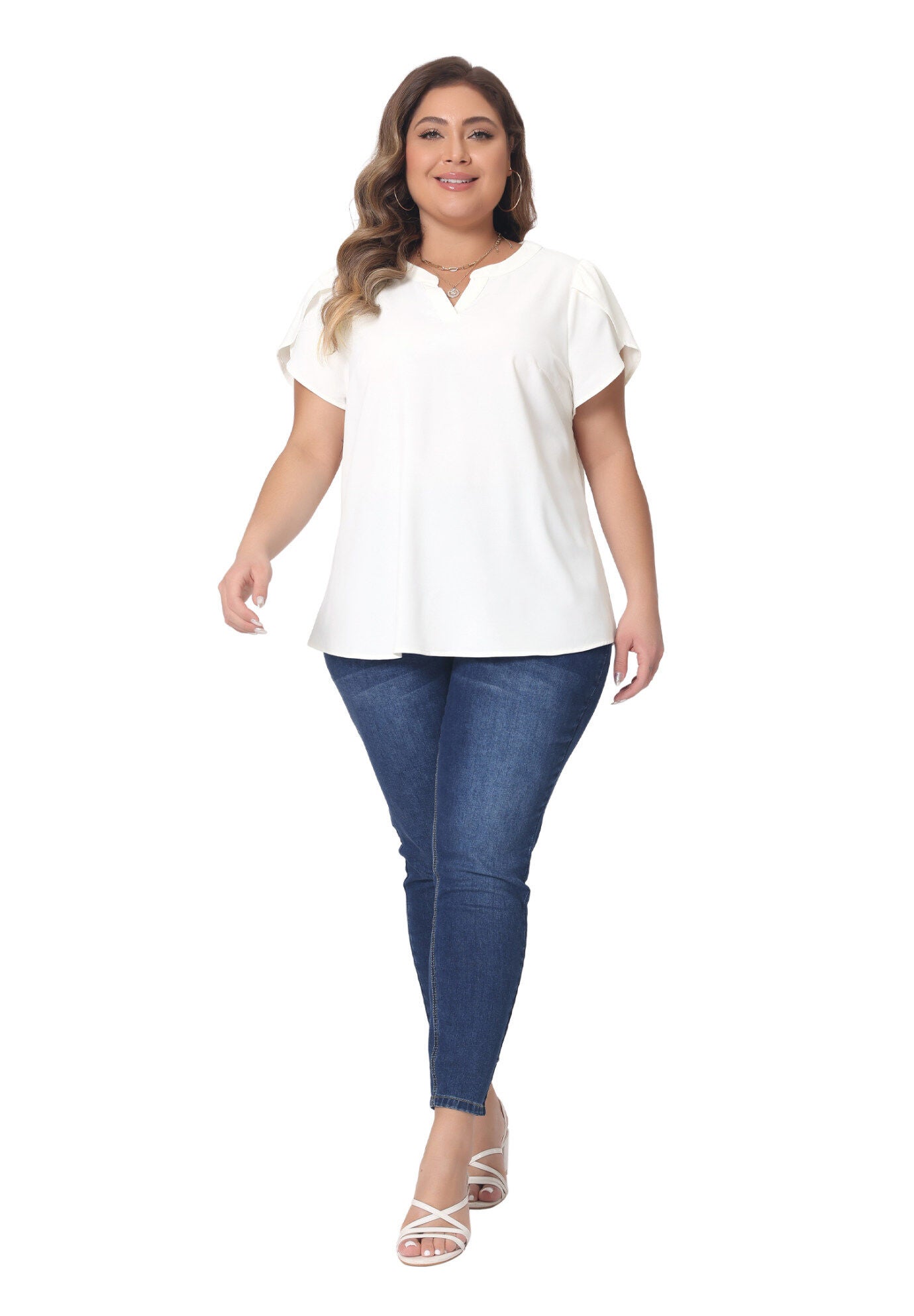 Notched V Neck Short Petal Sleeve Shirt Top, White / White, hi-res image number 0