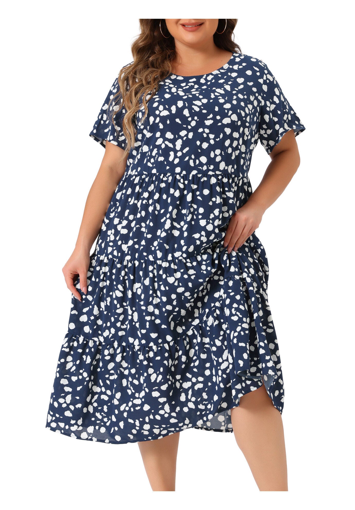 Polka Dots Short Sleeve Midi Layered Dress, Dark Blue / Navy, alternate image number 2