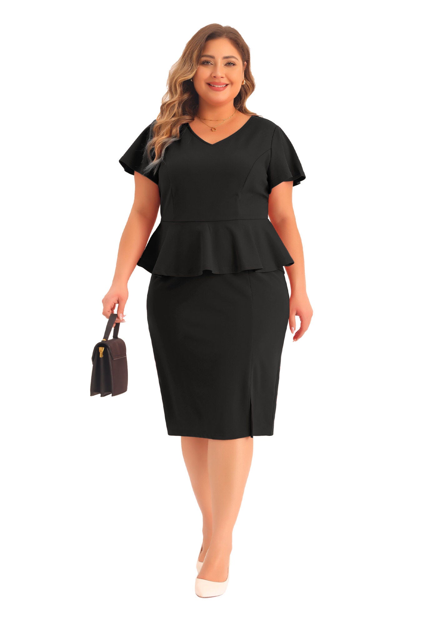 Ruffle Short Sleeve Pencil Retro Peplum Dress, Black / Red, hi-res image number 0