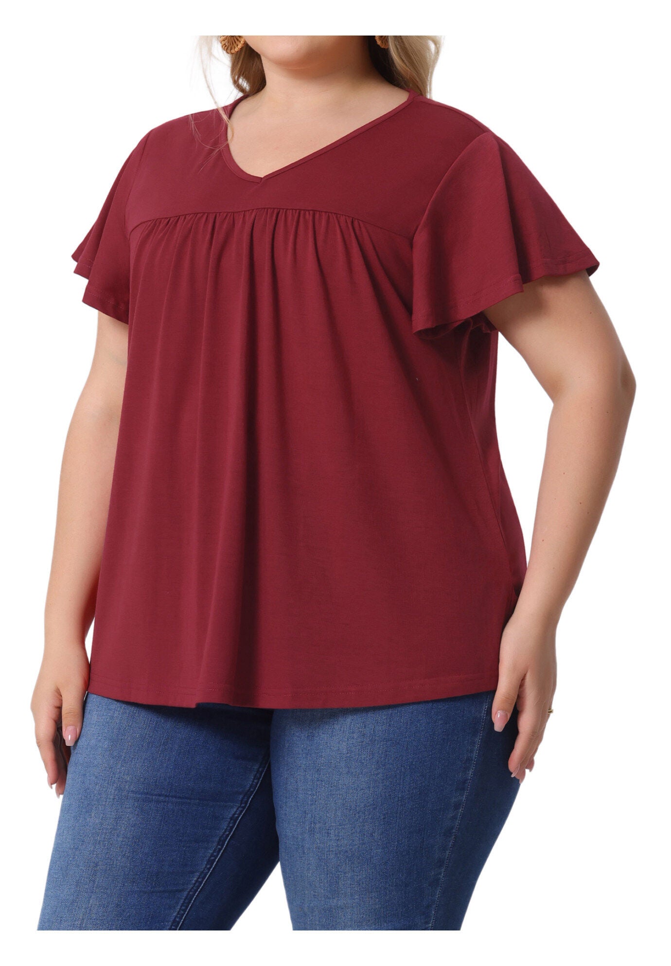 V Neck Ruffle Short Sleeve T-Shirt Tee Top, Burgundy / Burgundy, alternate image number 1