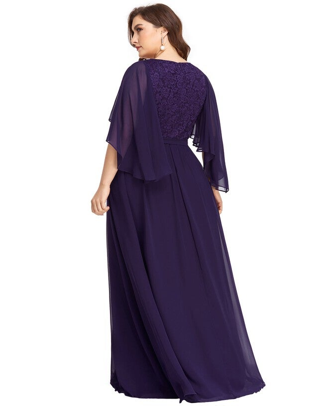 Deep V Neck Lace Bodice Long Flowy Evening Dress, Dark Purple / Purple, alternate image number 1