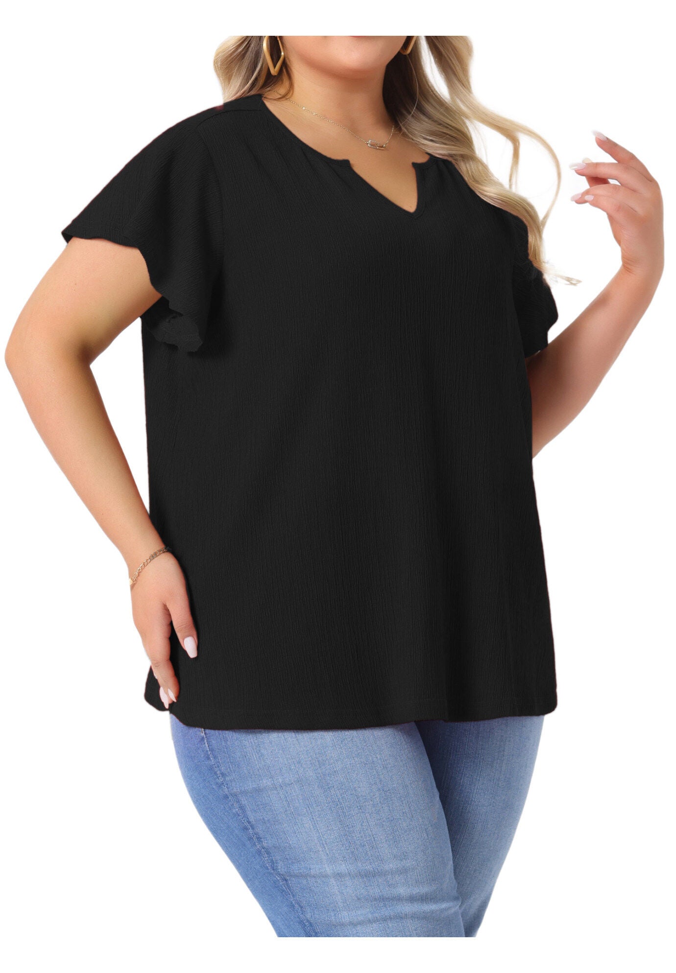V Neck Ruffle Short Sleeve Summer Blouse, Black / Black, alternate image number 1
