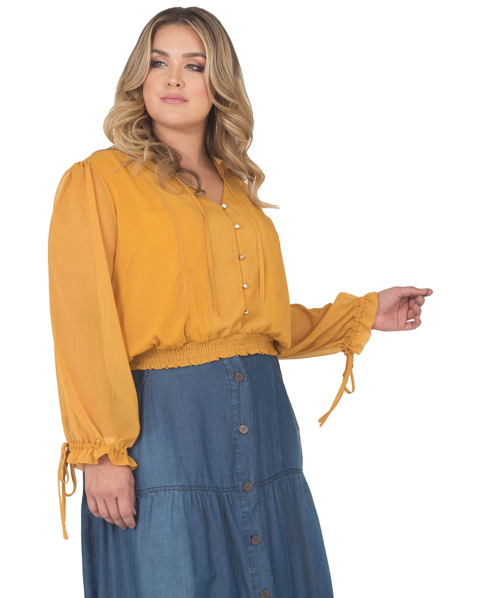 Plus Size Jessica Chiffon Tie-Neck Long Sleeve Prairie Top, Dark Ginger / Mustard, alternate image number 1