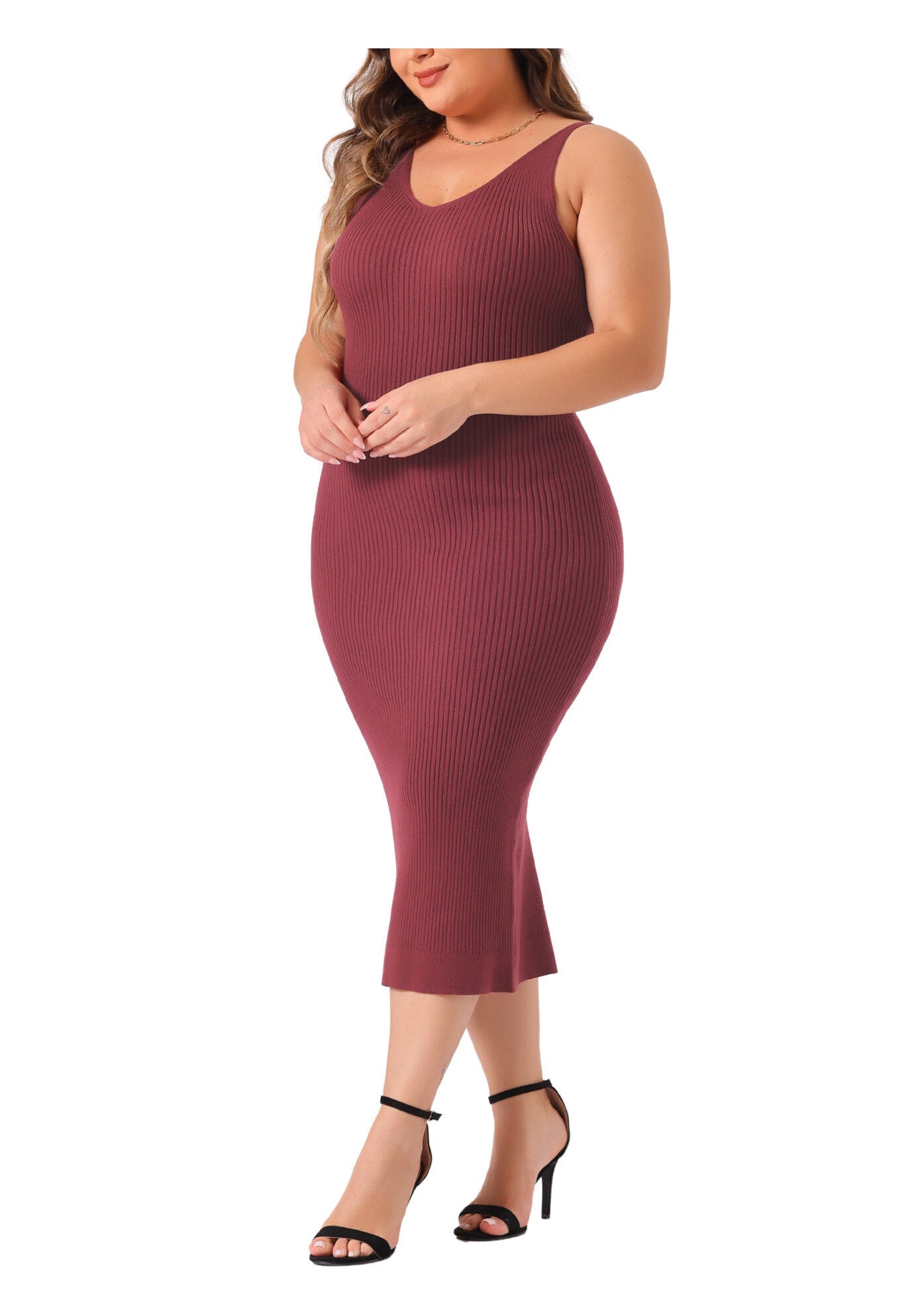 Sleeveless V Neck Ribbed Knit Bodycon Midi Sweater Cami Dress, Burgundy / Burgundy, alternate image number 2