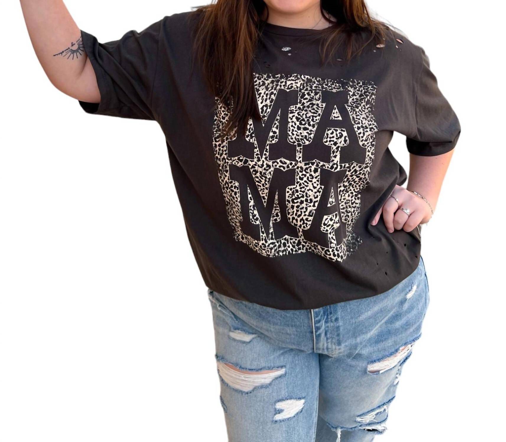 MAMA DISTRESSED ROCKER TEE IN BLACK, Black / Black, alternate image number 1
