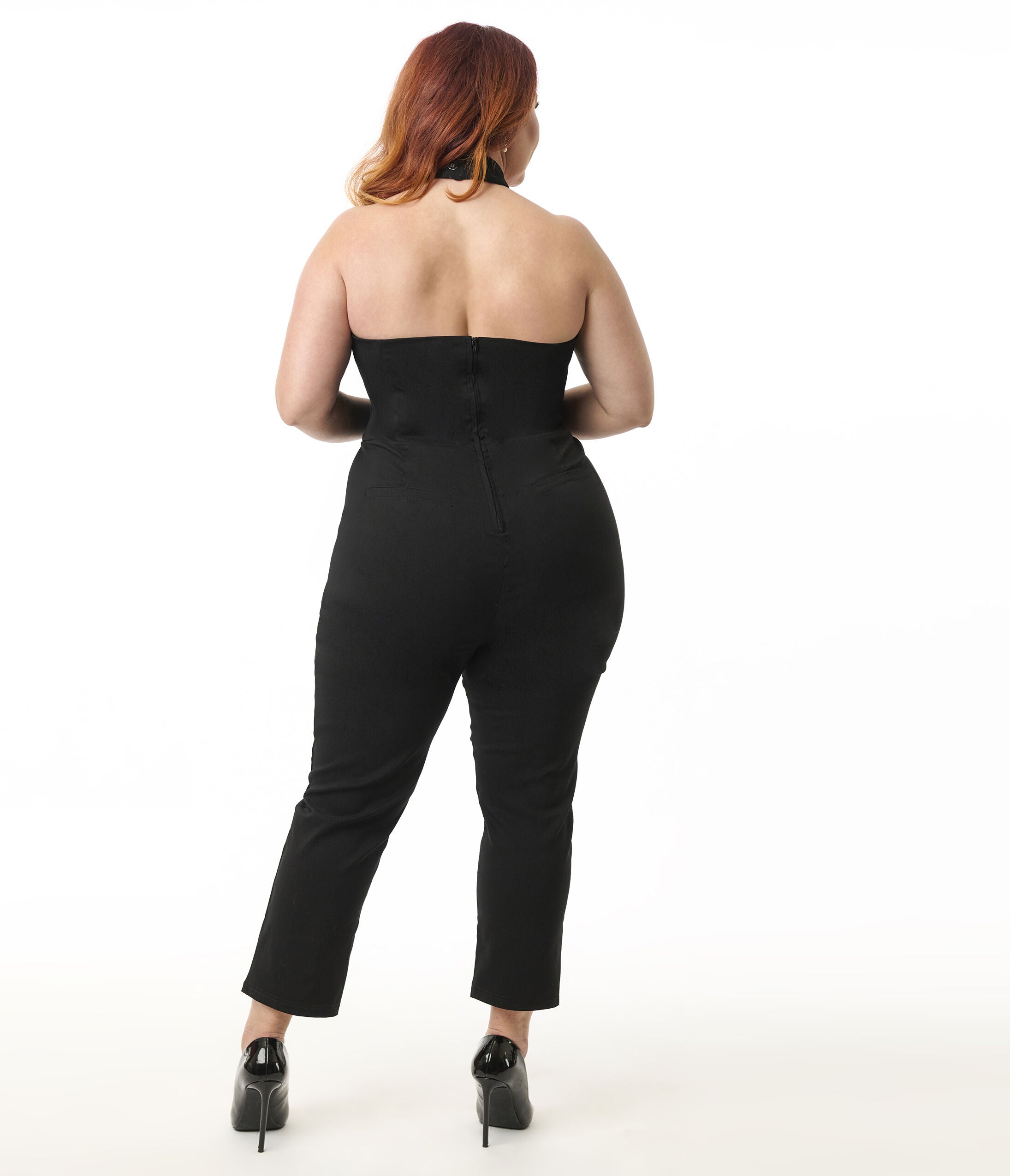 Unique Vintage Plus Size Black Criss Cross Halter Jumpsuit, Black / Black, alternate image number 2