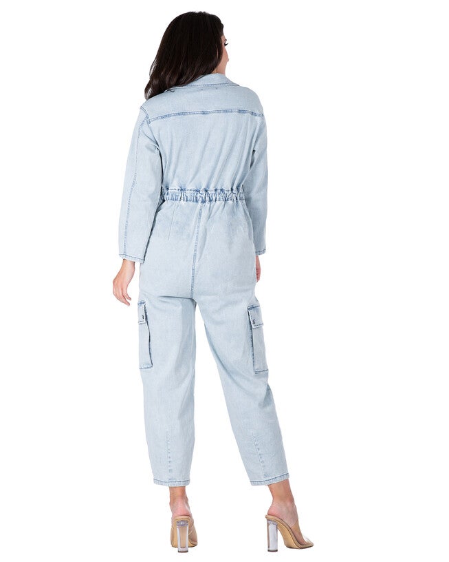Portia Women's Long Plus Size Sleeves Denim Cargo Jumpsuit, Bleached Blue / Light Wash, alternate image number 1