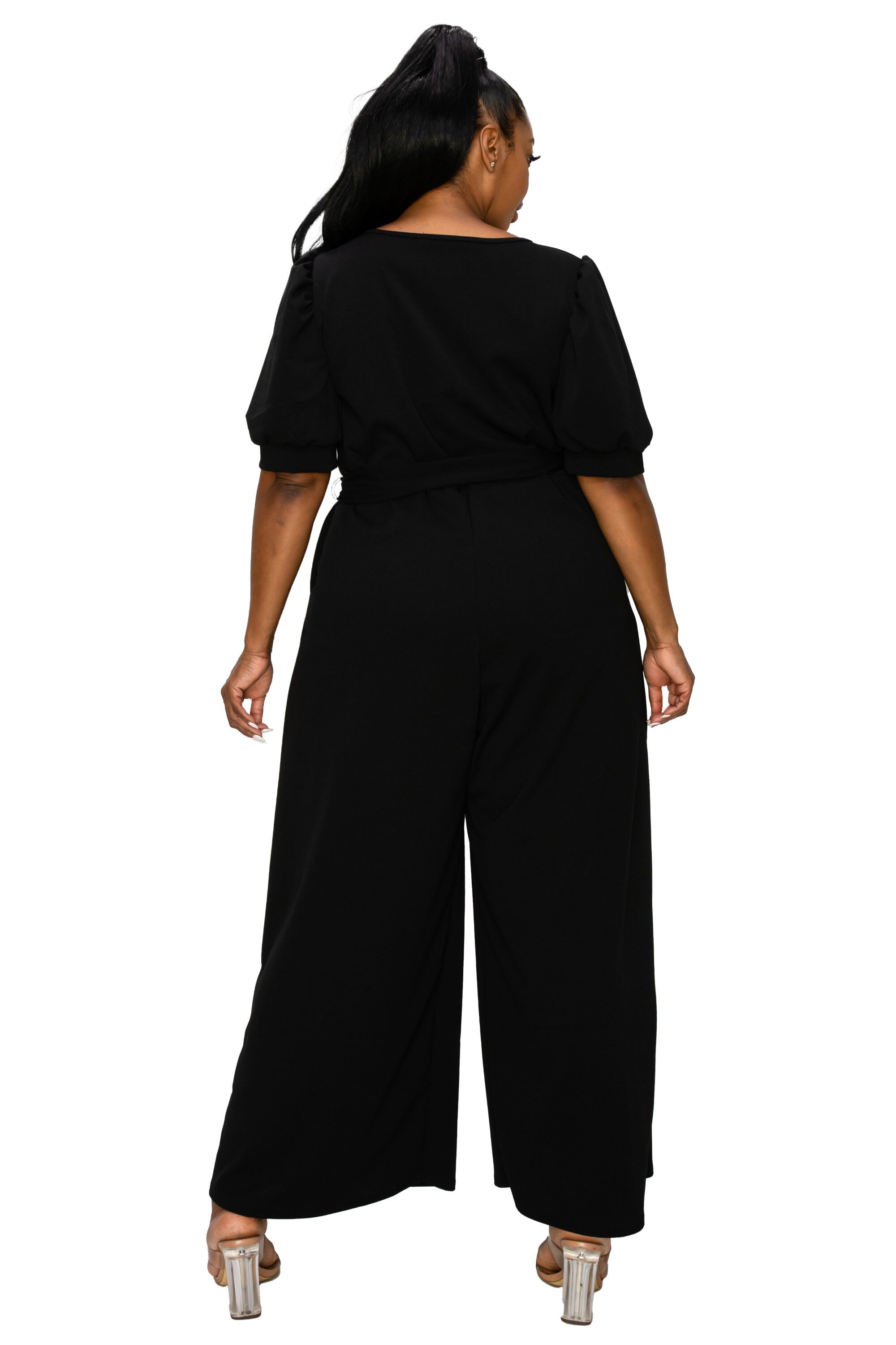 IRIS SURPLICE BELTED POCKET JUMPSUIT, Black / Black, alternate image number 2