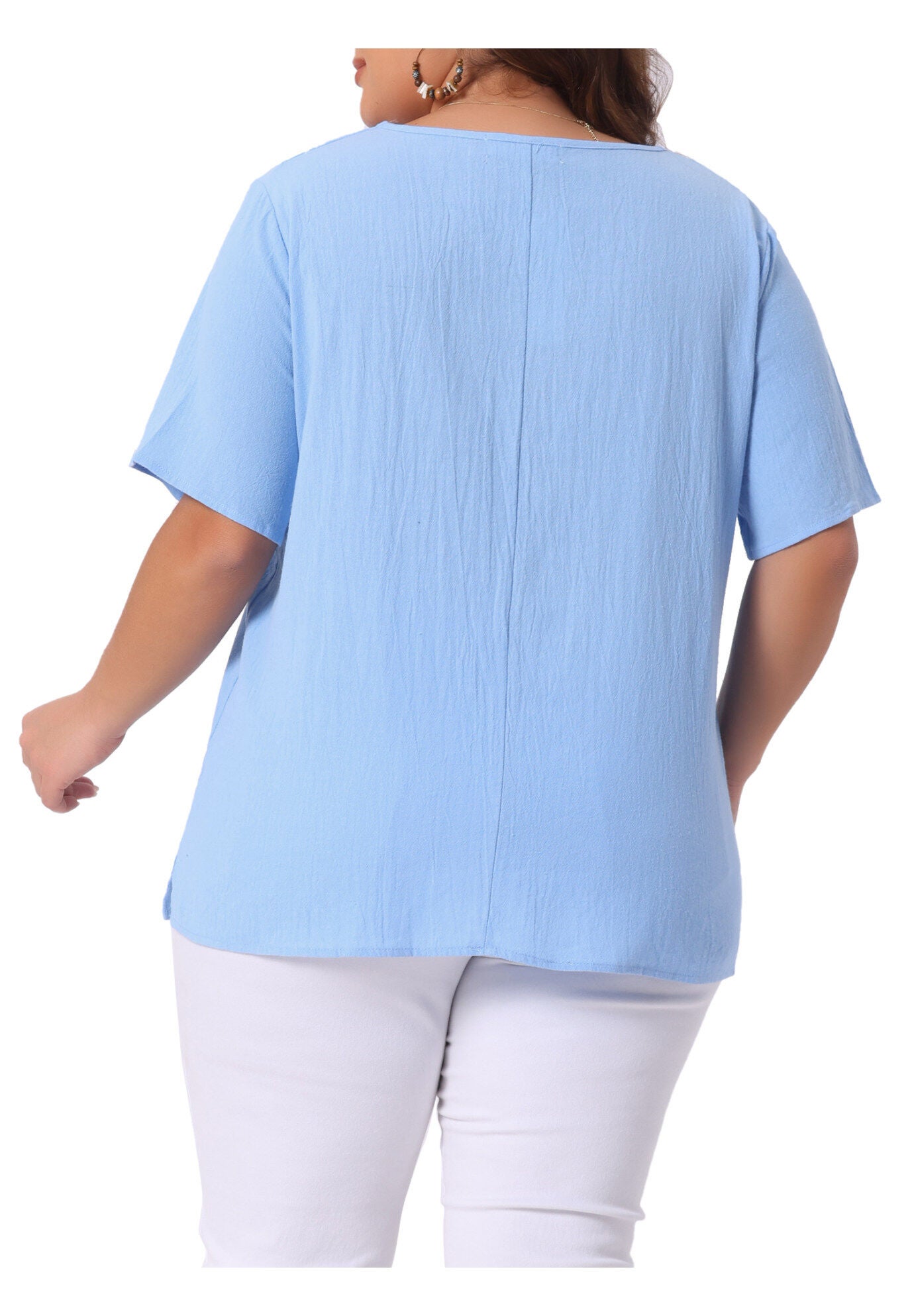 Short Sleeve Round Neck Cotton Linen T-Shirt Top, Sky Blue / Light Blue, alternate image number 1