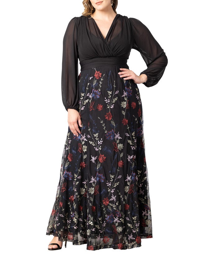 Isabella Embroidered Floral Mesh Gown, ENCHANTED GARDEN / Black, hi-res image number 0