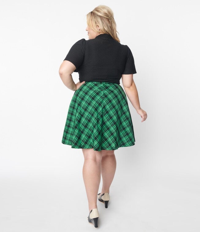 Unique Vintage Green & Black Plaid Swing Skirt, Green / Kelly Green, alternate image number null