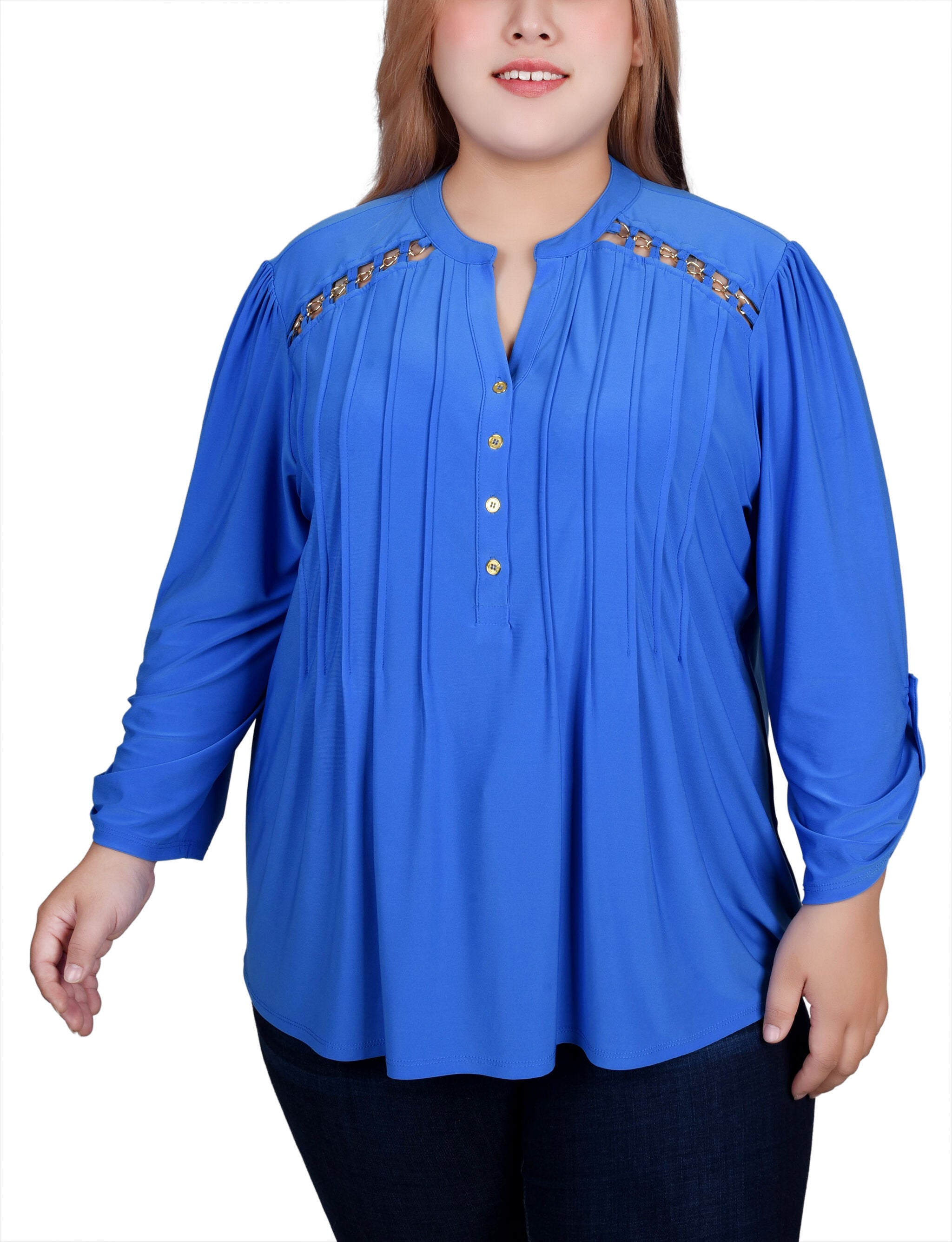 Long Sleeve Pintuck Front Top With Chain Details, Supersonic / blue, hi-res image number 0