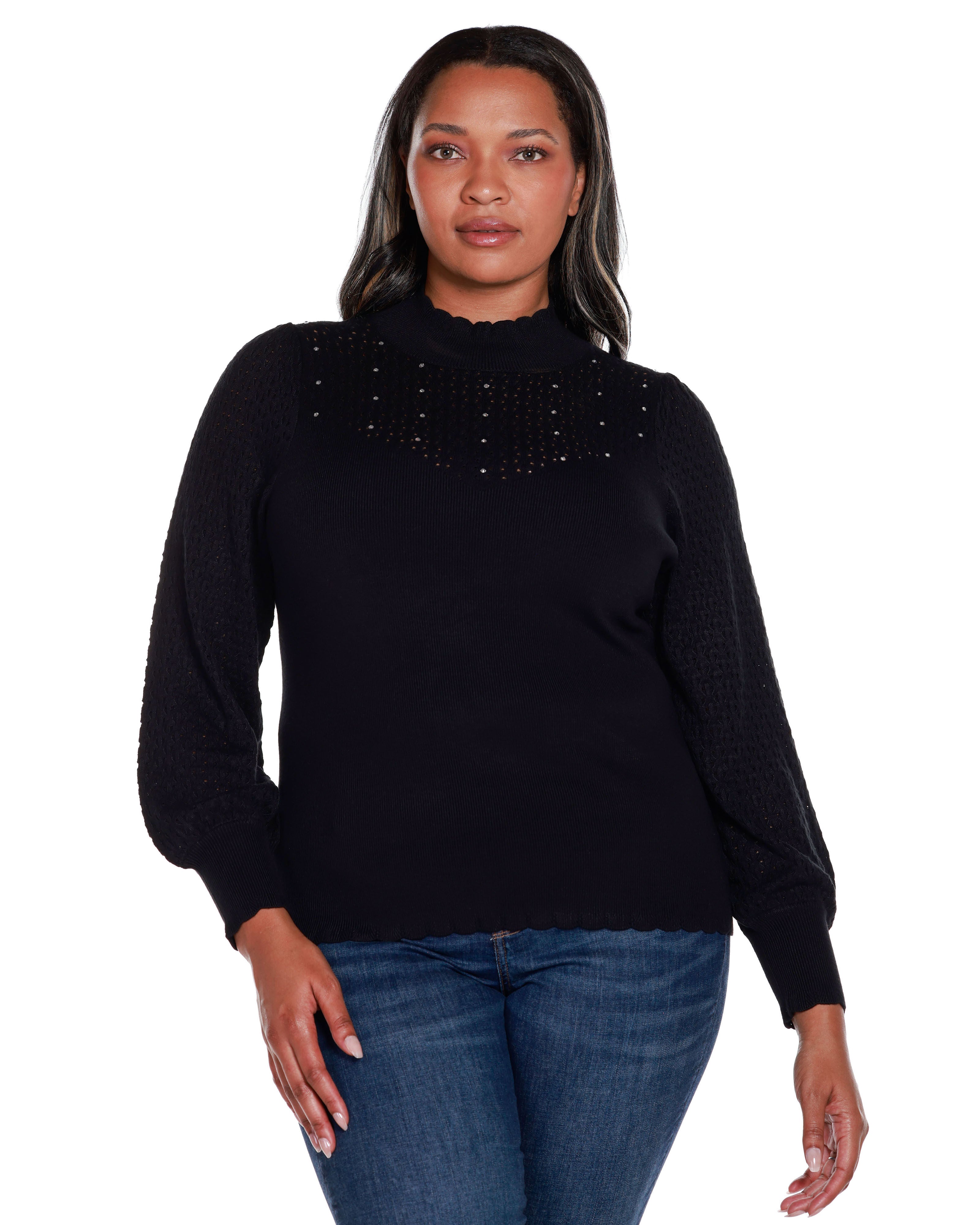 POINTELLE AND RHINESTONE DETAIL SWEATER, Black / Black, hi-res image number 0