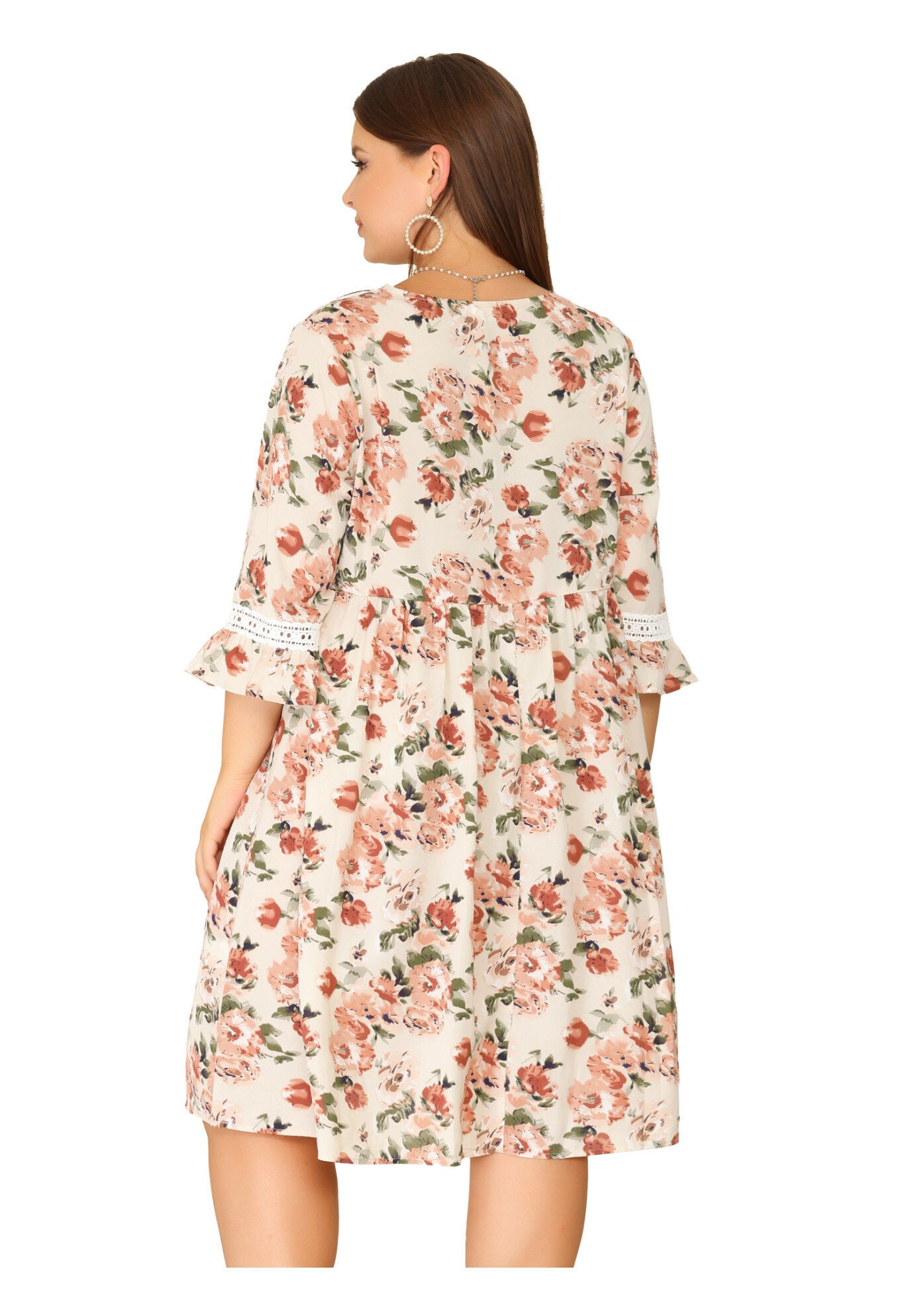 Vintage Lace Floral Ruffle V Neck 3/4 Sleeve Midi Babydoll Dress, Pink / Pink, alternate image number 3