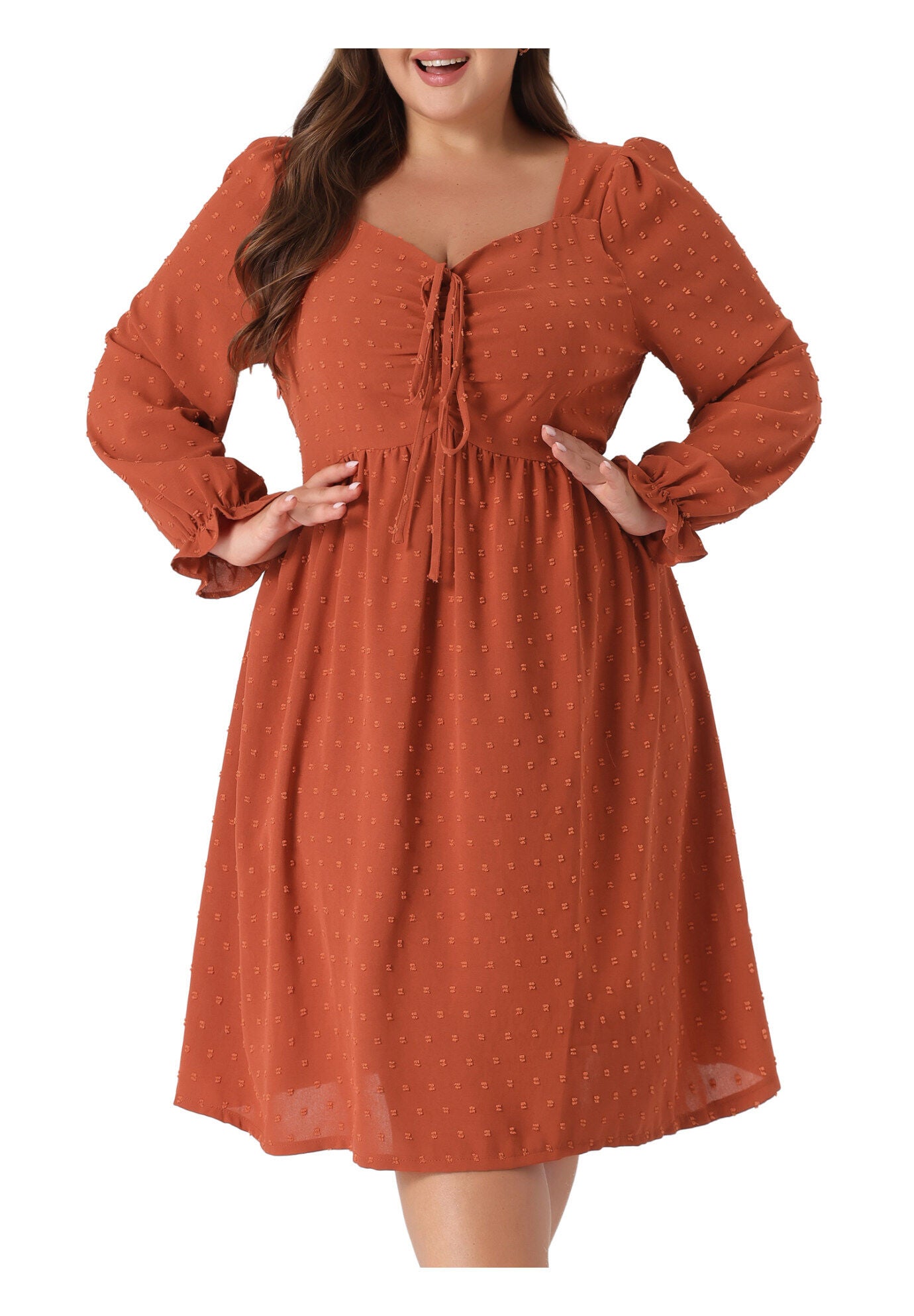 Swiss Dots Long Sleeve Sweetheart Neck Ruffle Tiered Midi Dress, Caramel / Brown, alternate image number 2