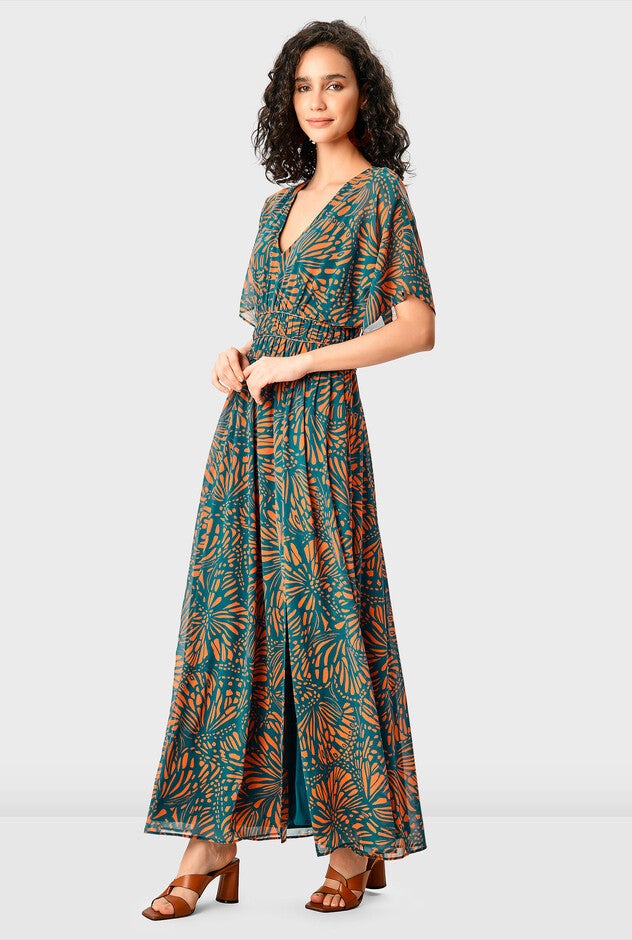 Graphic butterfly print georgette smocked waist dress, Deep teal / Teal, alternate image number null