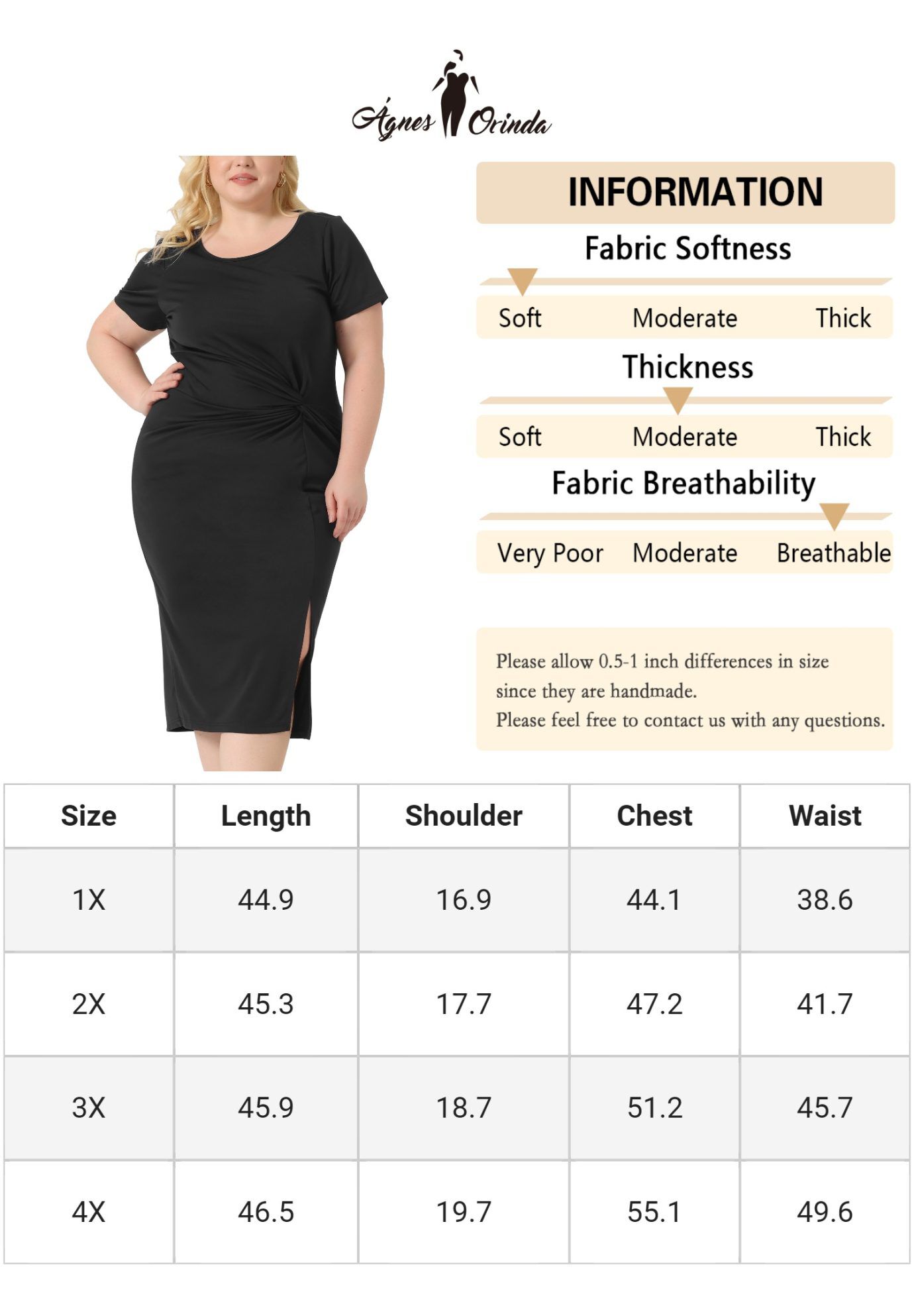 Round Neck Knot Front Short Sleeve Side Split Dress, Black / Black, alternate image number 4