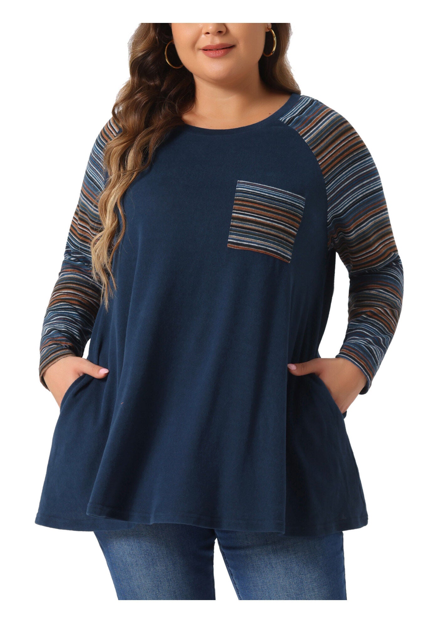 Raglan Color Block Knit Pullover Shirt Tunic Top with Pockets, Navy Blue / Navy, alternate image number 2