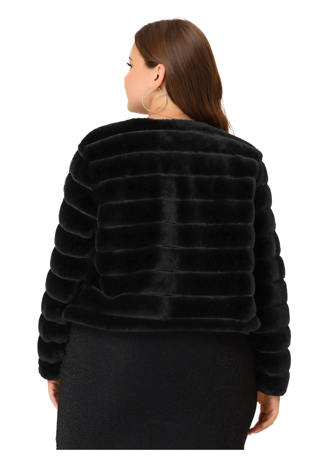 OPEN FRONT CROPPED FAUX FUR WINTER FLUFFY JACKET, Black / Black, alternate image number 3