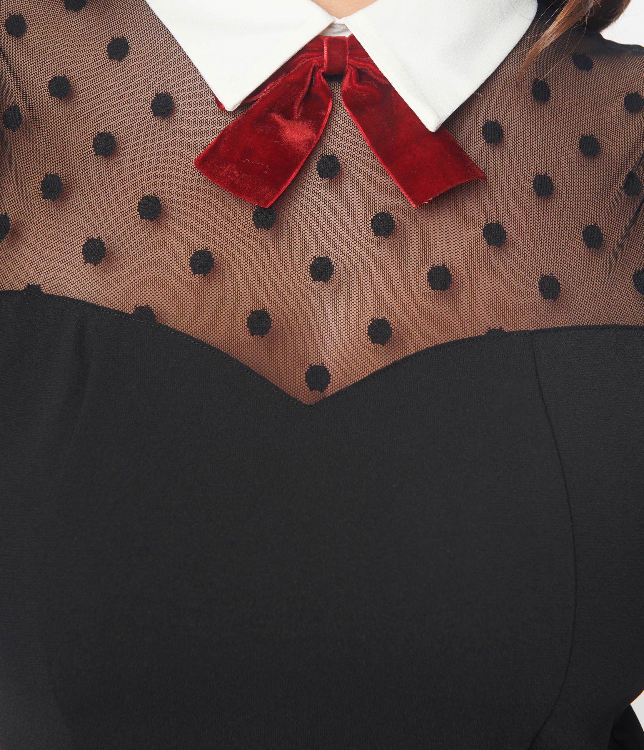 Unique Vintage Black Dot Mesh Collared Fit & Flare Dress, Black Polka Dot / Black, alternate image number 3