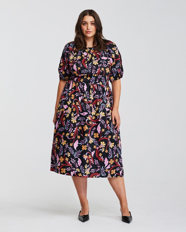 Flamingo Floral Midi Puff Sleeve Dress, , alternate image number null