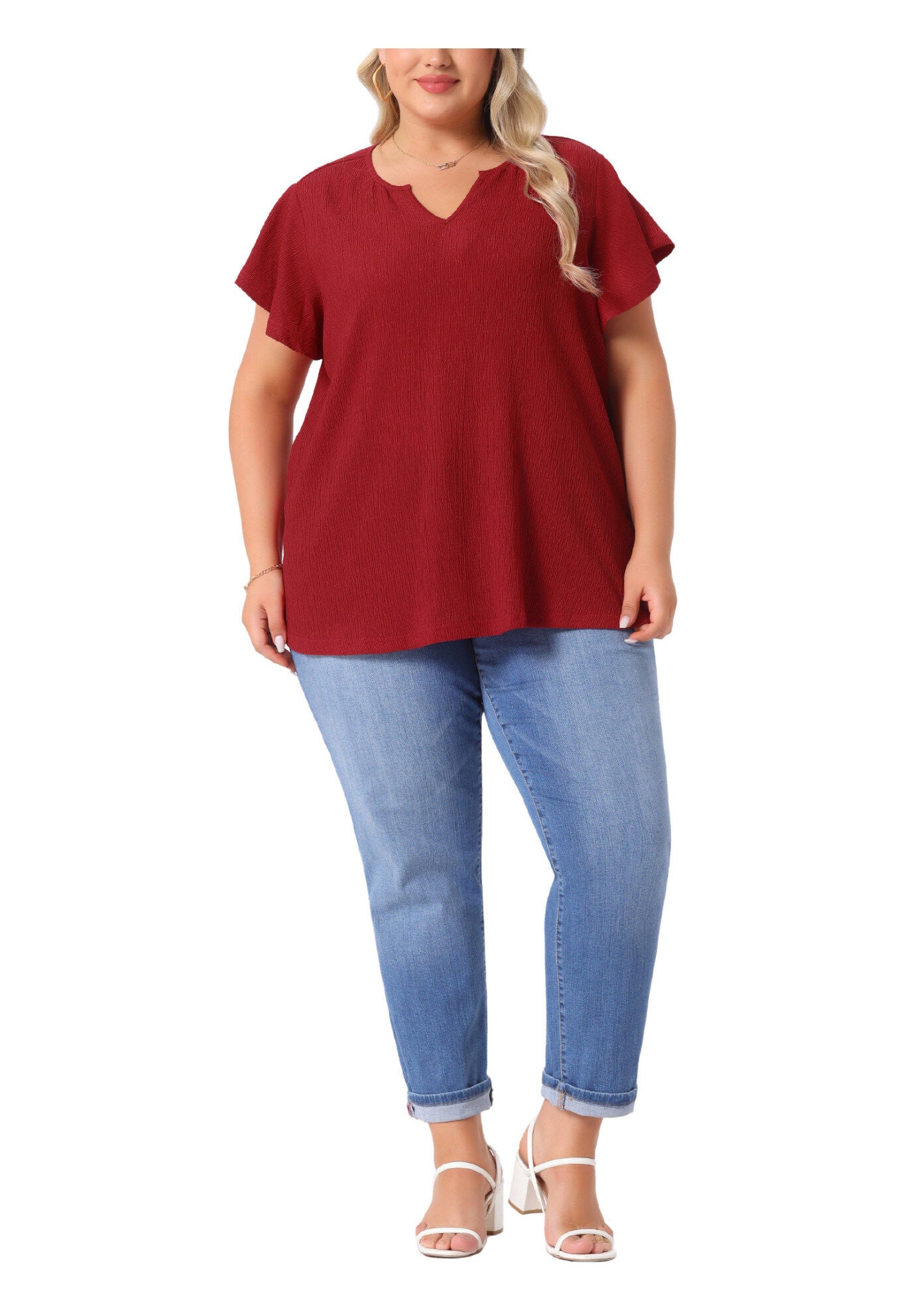 V Neck Ruffle Short Sleeve Summer Blouse, Red / Red, hi-res image number 0