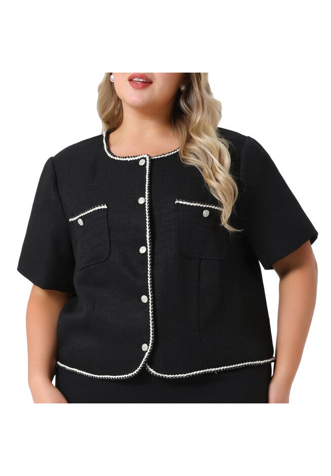SHORT SLEEVE TWEED BUTTON DOWN BLAZER CROPPED JACKET, Black / Black, alternate image number 2