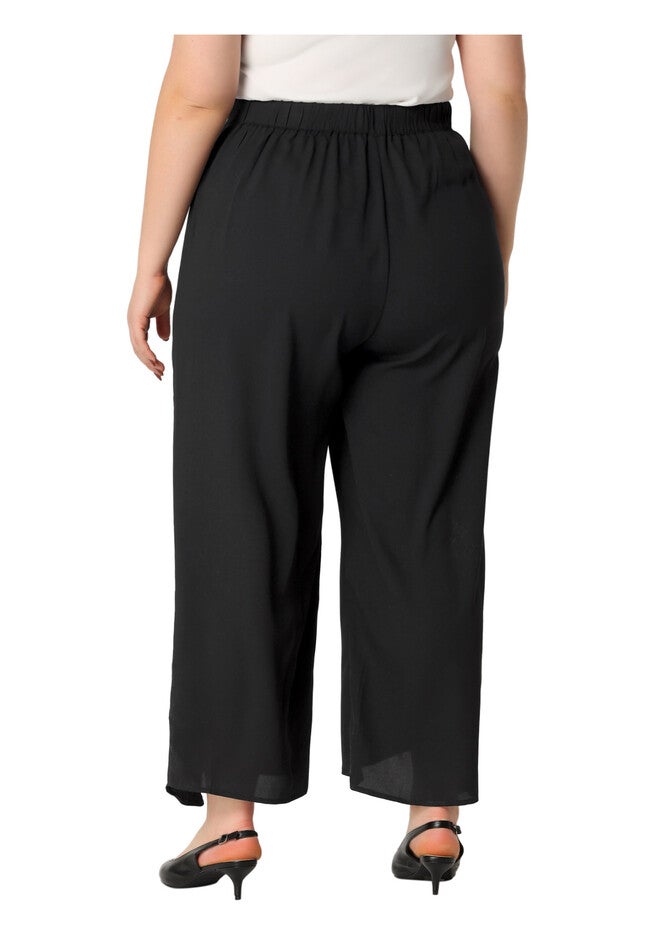 CHIFFON HIGH WAIST TIE FRONT SPLIT FLOWY WIDE LEG PALAZZO PANTS, Black / Black, alternate image number 3