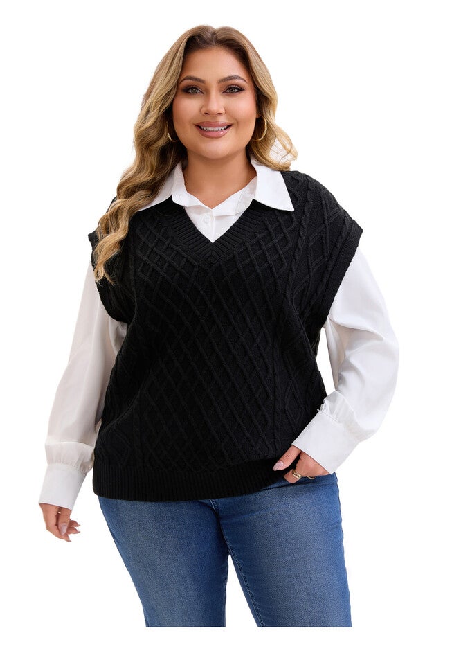 V Neck Knit Solid Ribbed Pullover Sweaters Vest, Black / Black, alternate image number null