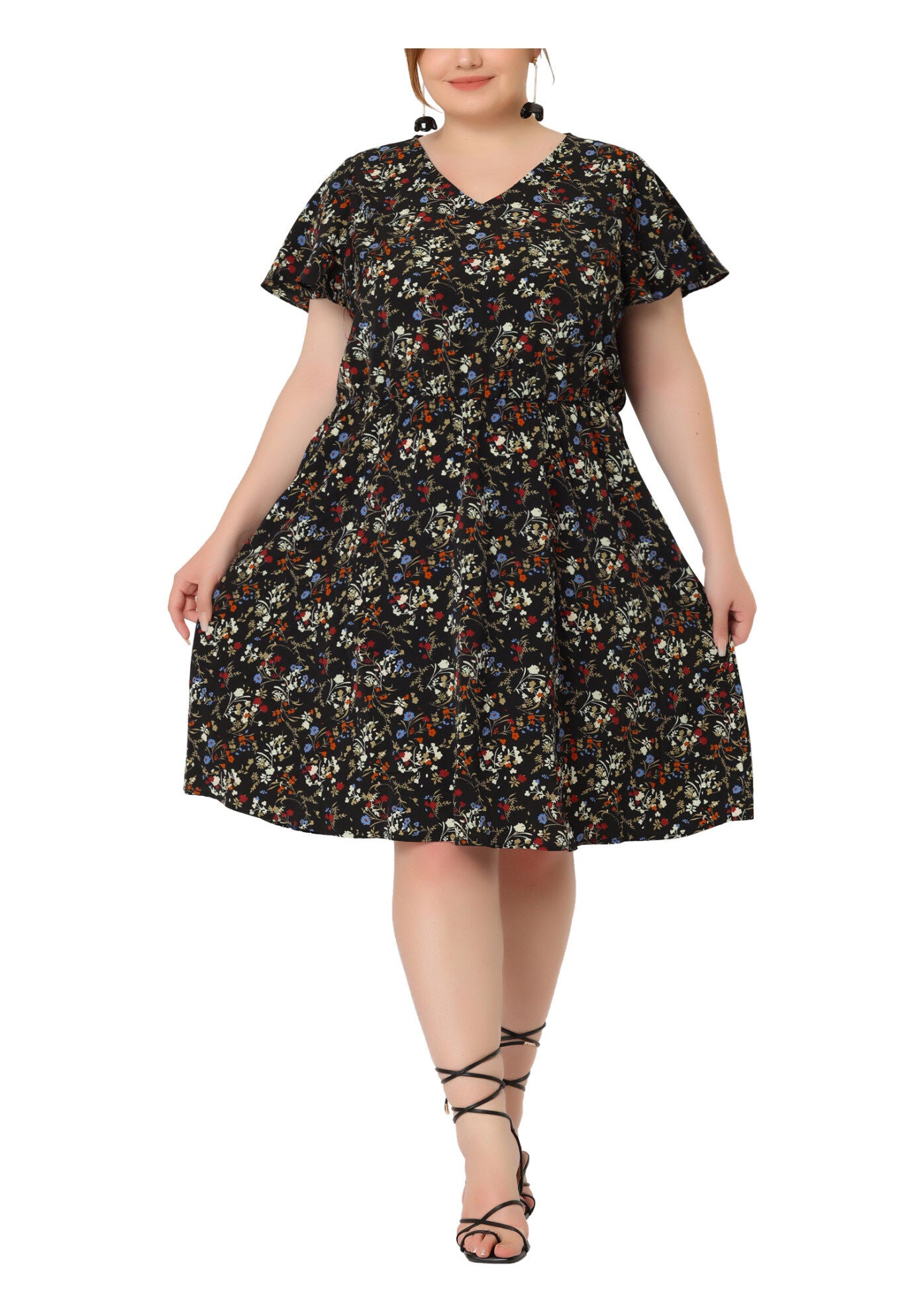 Summer V Neck Flare Sleeve Peplum Midi Ruffle Dress, Black / Black, alternate image number 1