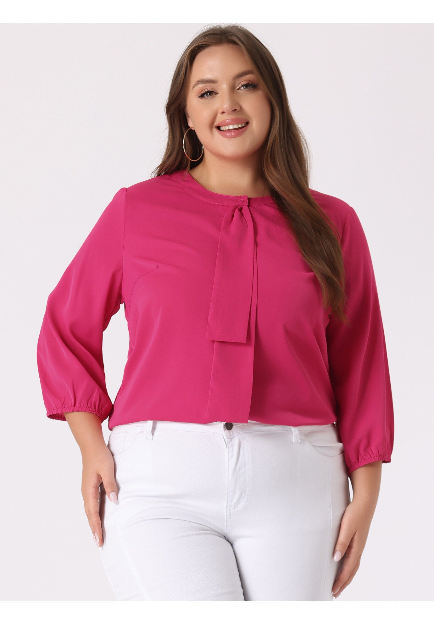 Work Round Neck Ruffle Chiffon Blouse Top, Hot Pink / Deep Fuchsia, alternate image number 1