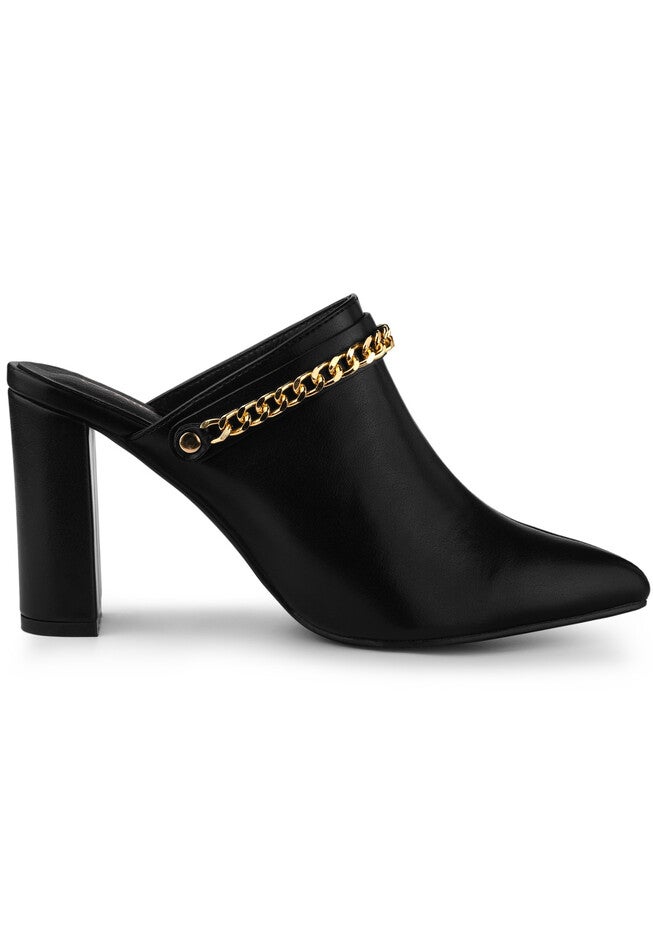Chain Mules Pointed Toe Chunky Heel Sildes Mules, Black / Black, alternate image number 4