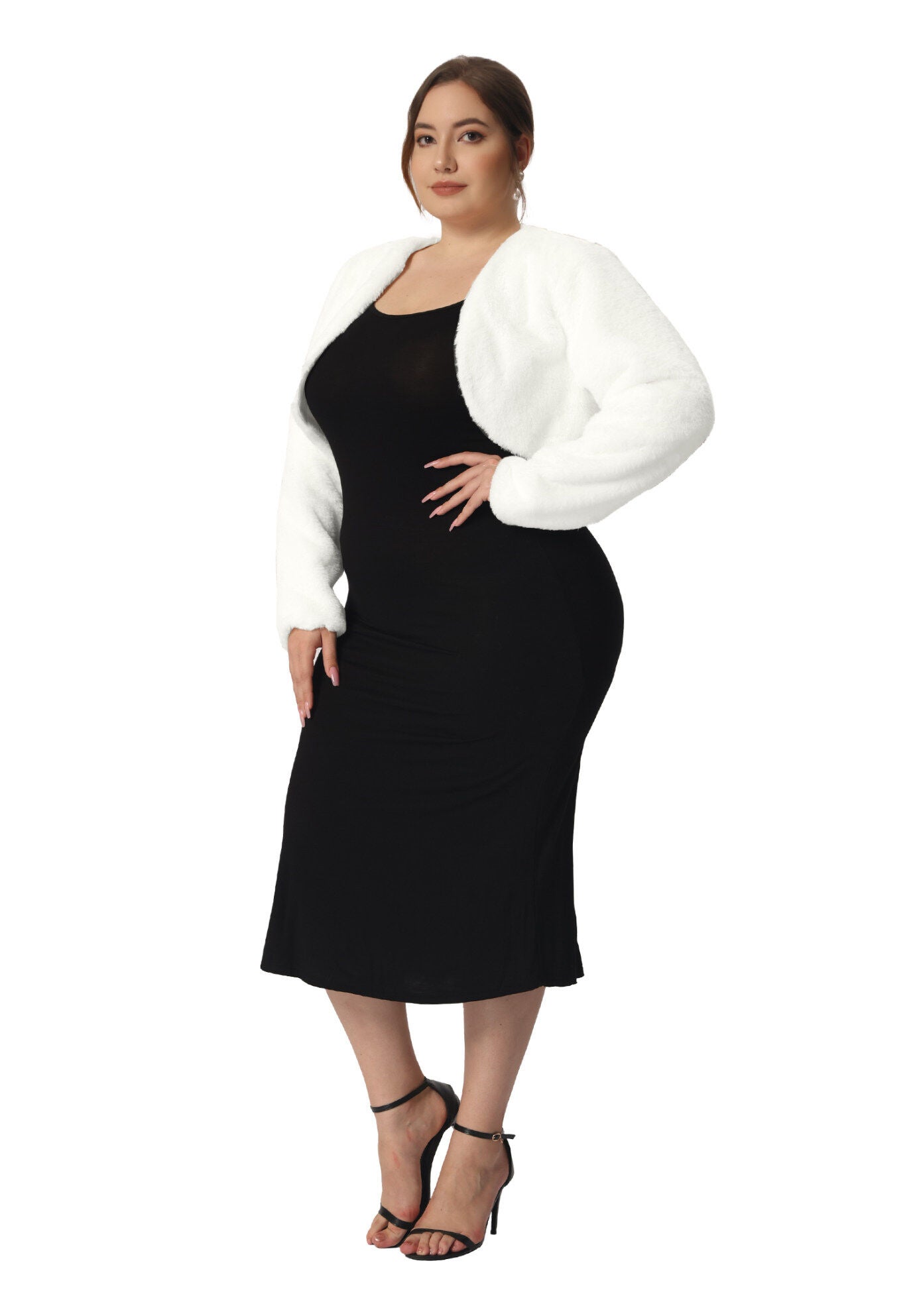 OPEN FRONT FAUX FUR BOLERO CROP JACKET, White / White, alternate image number 1