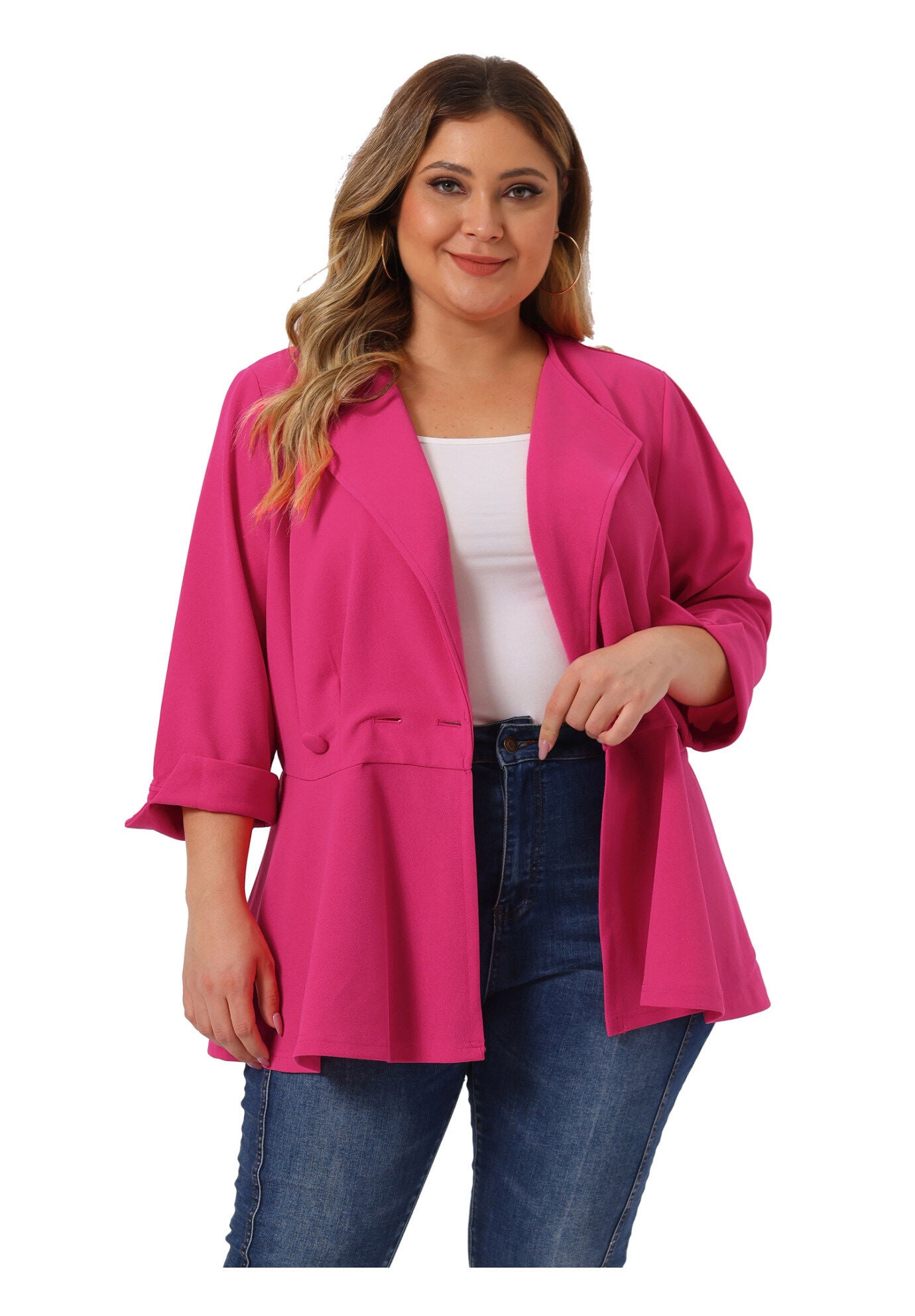 NOTCHED LAPEL PEPLUM JACKET SUIT BLAZER, Hot Pink / Deep Fuchsia, alternate image number 3