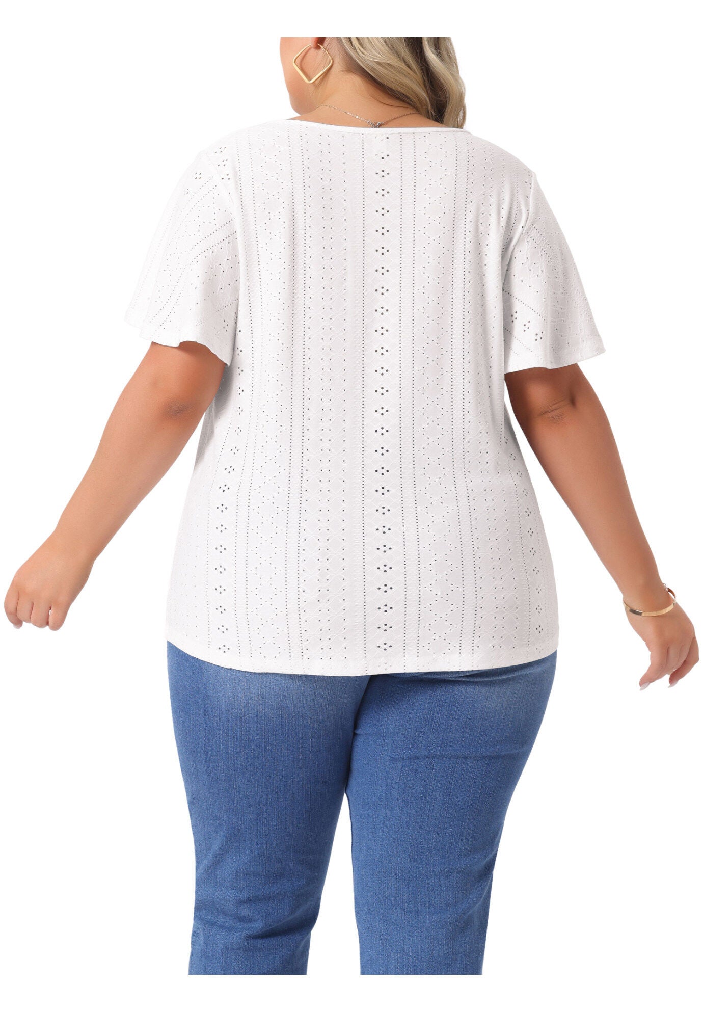 V NECK LOOSE FIT RUFFLE SLEEVE SUMMER HOLLOW TOP, White / White, alternate image number 3