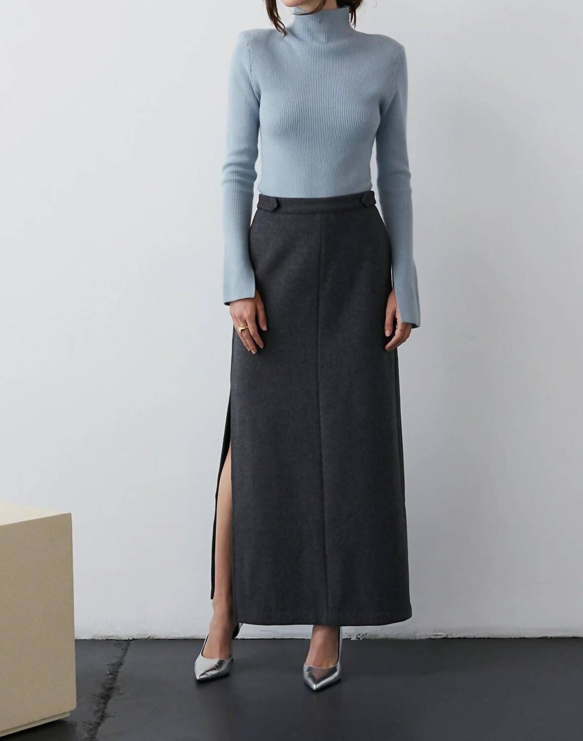 CECY WOOL BLEND MAXI SKIRT IN CHARCOAL, Charcoal / Black, hi-res image number 0