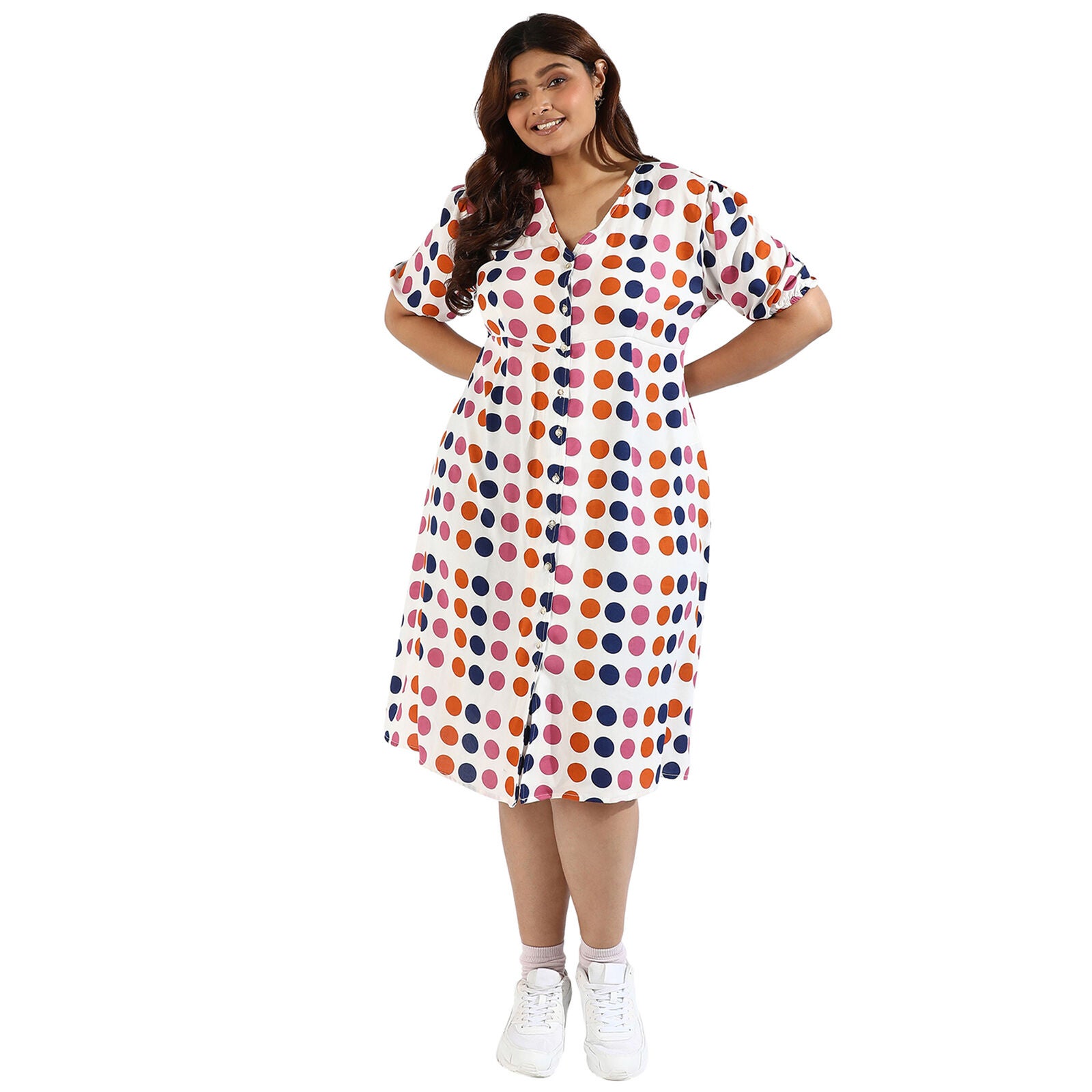 Women Polka Dot Button Down Dresses, White / White, alternate image number 1
